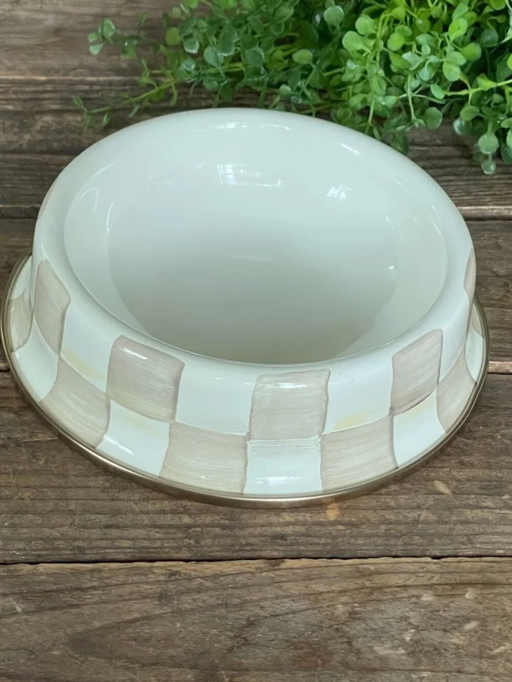 MacKenzie-Childs Mocha Check Small Pet Dish – Enamel Dog Cat Bowl-NWT